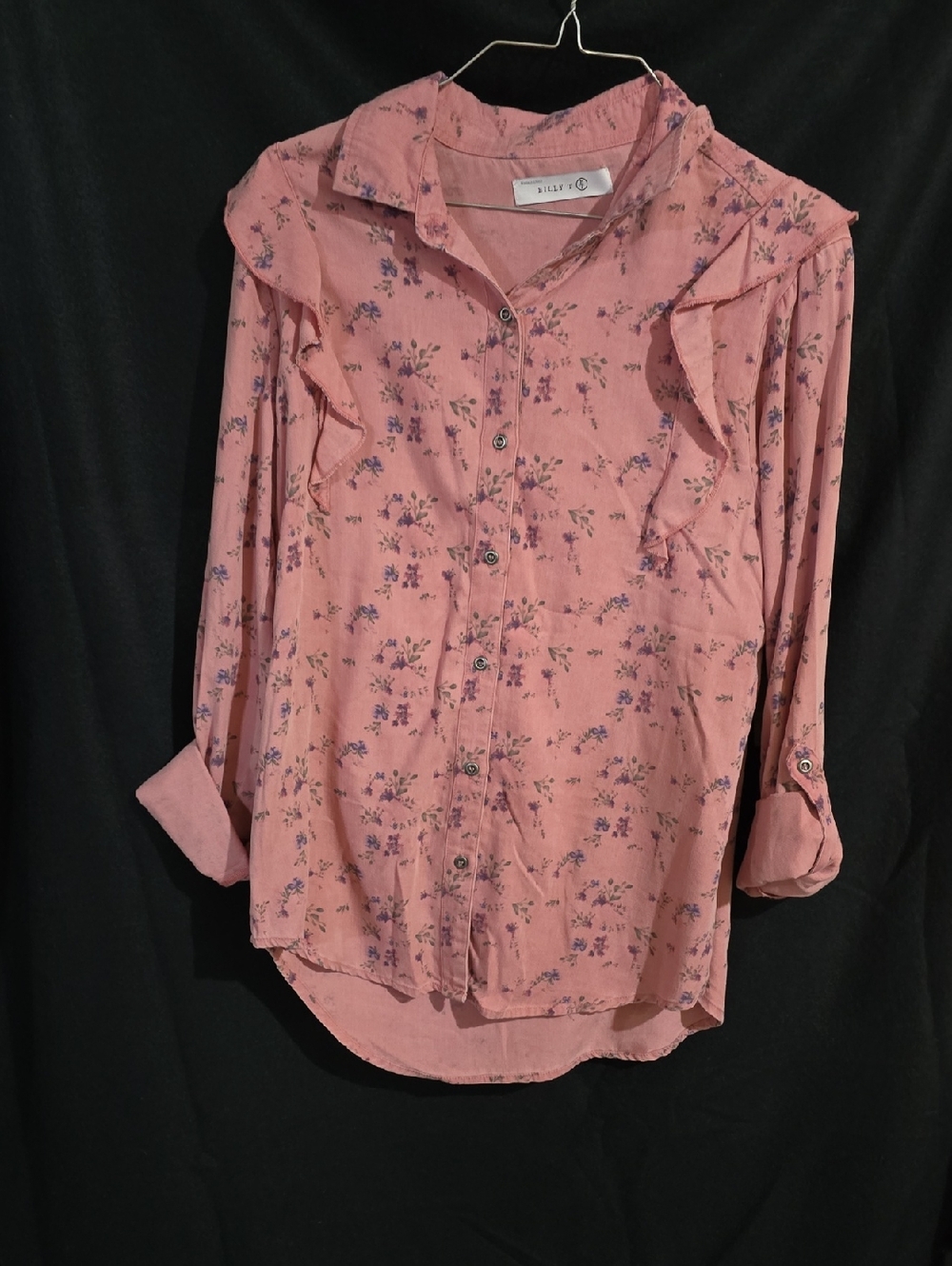 Light Pink Floral Ruffle Button-Down Shirt by BILLYE
